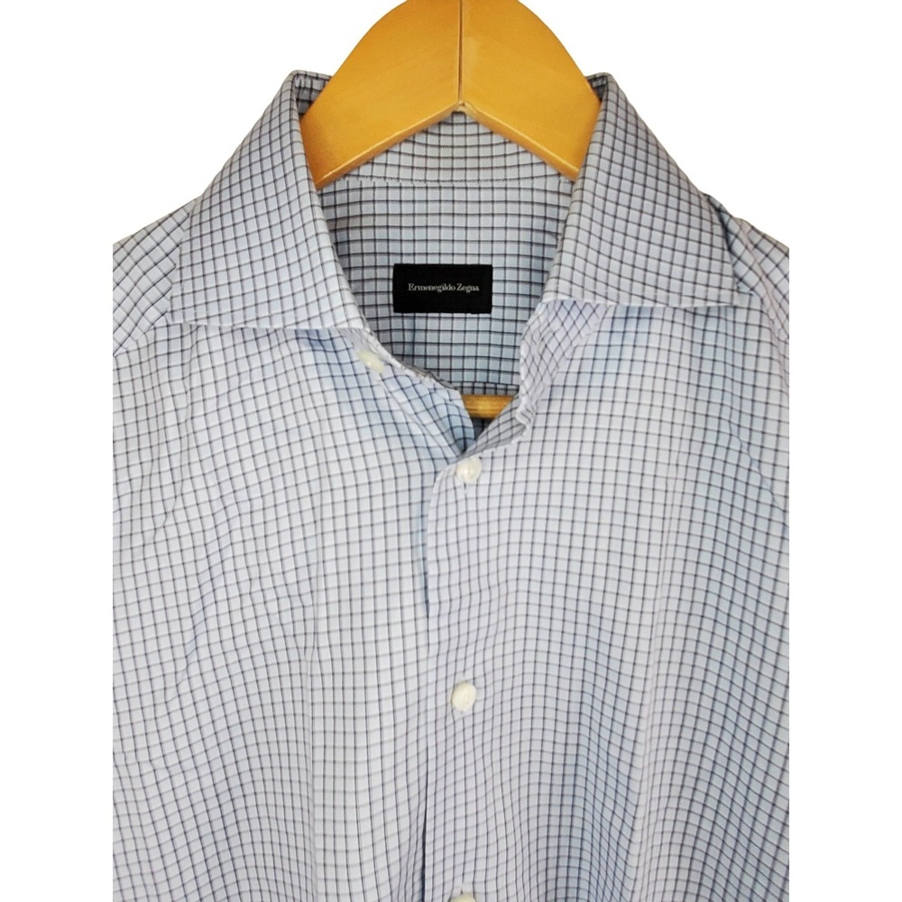 Ermenegildo Zegna Men's Dress Shirt 14.5 37 Blue Check Long Sleeve Cotton